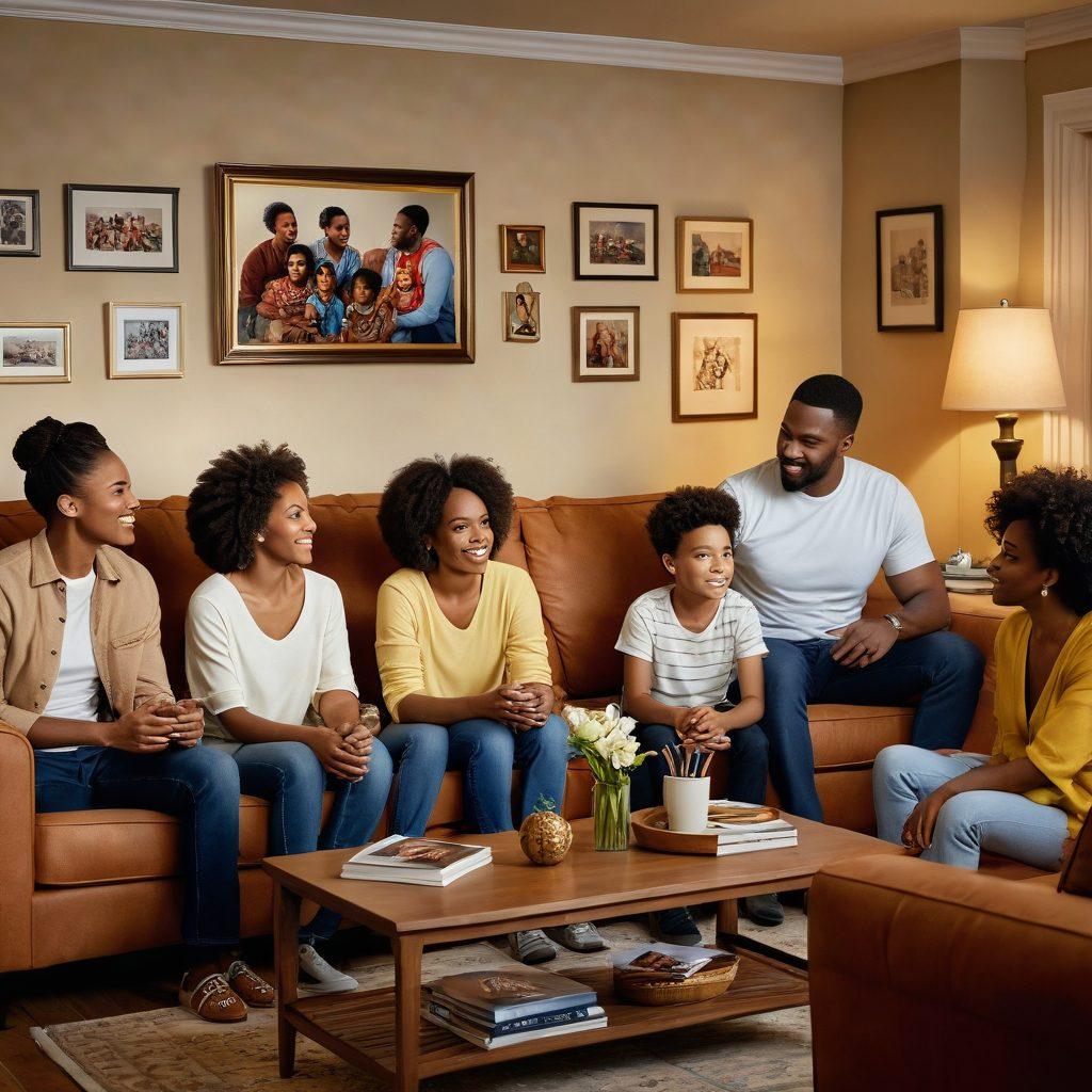 A cozy living room scene where a family is gathered around a television, engaging in animated discussions inspired by various TV series. The walls are decorated with framed photos representing different family structures across cultures. Soft lighting creates a warm atmosphere, while diverse characters from popular TV shows can be subtly highlighted on the TV screen. The image reflects warmth, connection, and diversity in family dynamics. super-realistic. vibrant colors. warm tones.