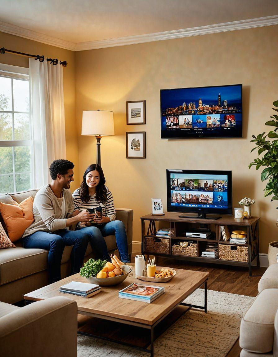 A cozy living room scene featuring a family gathered around a television, with soft golden lighting emanating from the screen, displaying heartwarming family moments. Include a coffee table with snacks, colorful pillows on the couch, and playful pets nearby, symbolizing warmth and affection. The atmosphere should convey a sense of connection and love within the family dynamic. super-realistic. warm colors. soft glow.