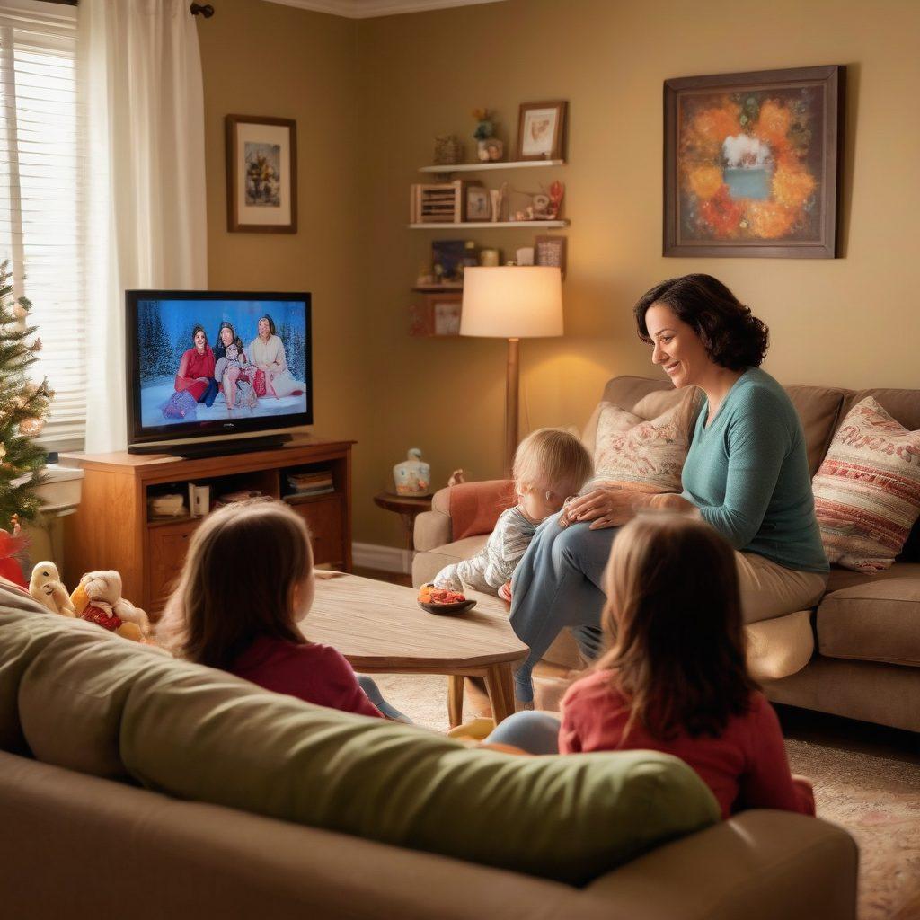 A cozy living room scene featuring a mother lovingly watching TV with her children, surrounded by family photos and warm decor. The screen displays a heartwarming scene from a popular family show, emanating soft light. The atmosphere is filled with warmth and connection, with playful toys scattered around. The mother's expression shows joy and affection, highlighting the bond of maternal love. vibrant colors. super-realistic.